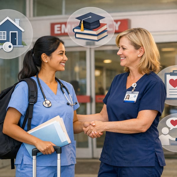 Registered Nurse Arrival at US Hospital with Support Icons